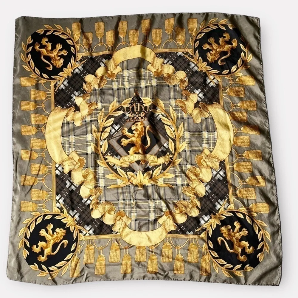80s Express Silk Scarf Royal Lions Crest Hand Rolled 34” Square Baroque
